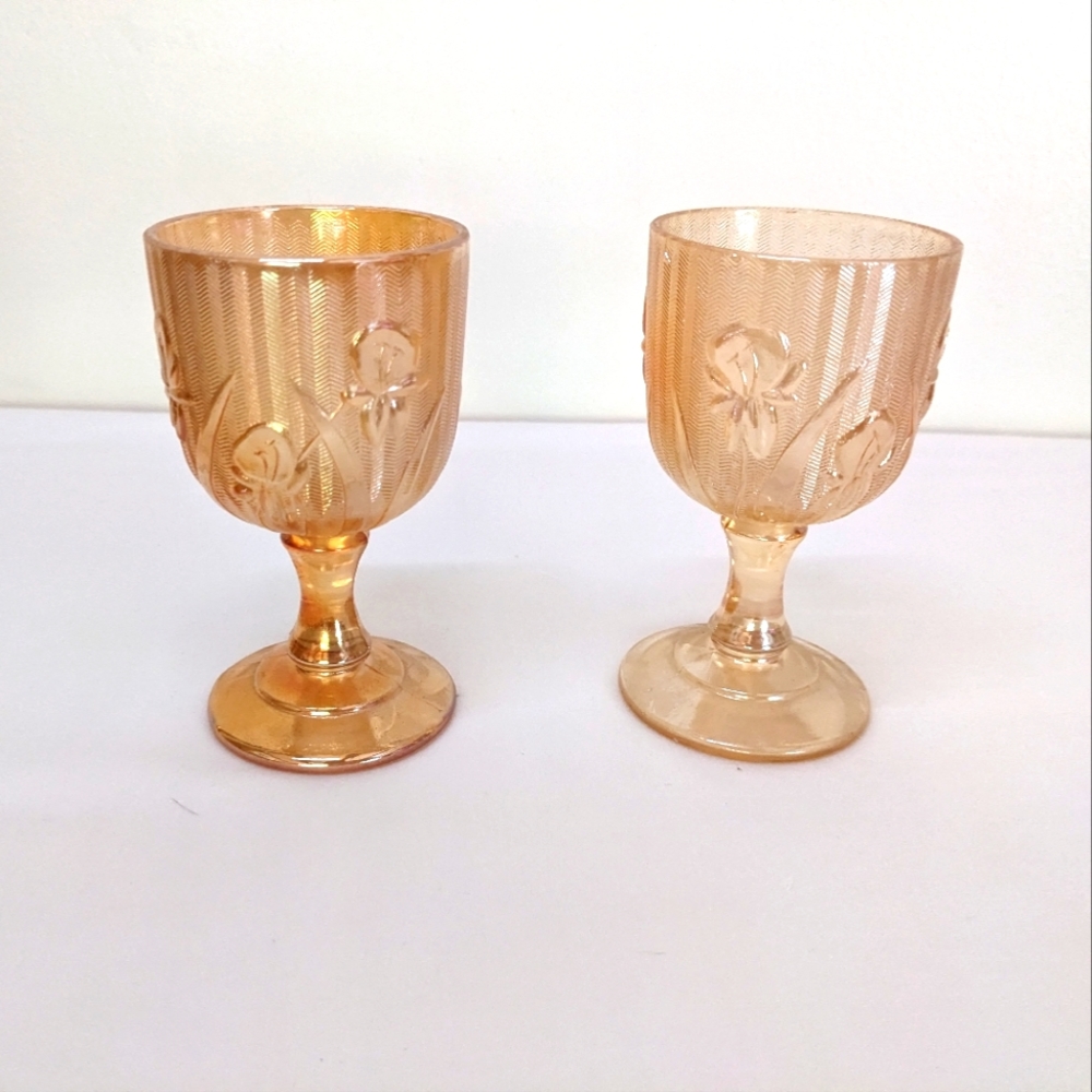 Jeannette Glass Iris & Herringbone Marigold Iridescent Short Wine Goblets